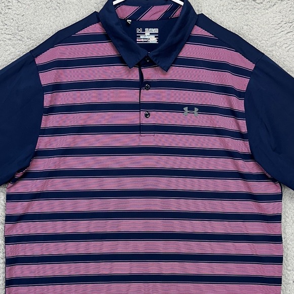Under Armour Golf Polo Shirt Mens 2XL Blue Pink Stripe Short Sleeve Rugby Logo